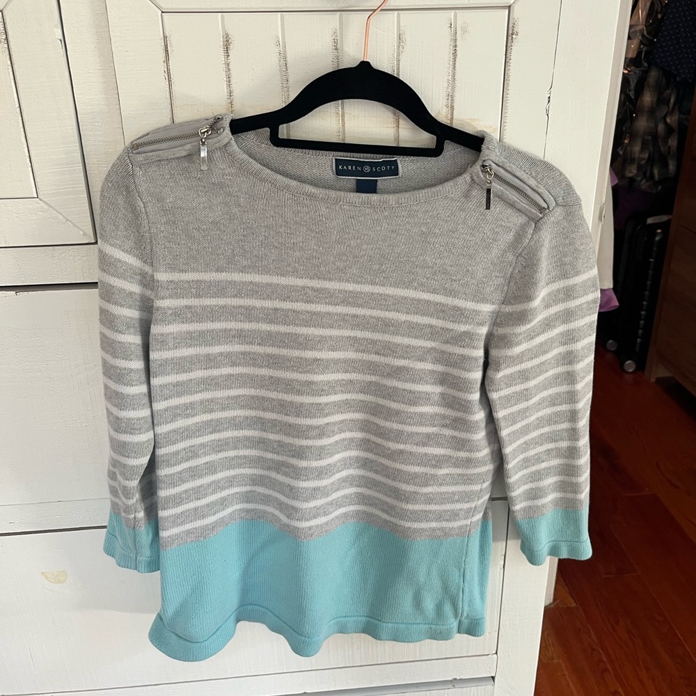 Karen Scott Gray and Light Blue Striped Sweater
